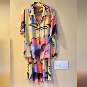 Vintage Citron Two Piece Silk Dress Guitar Tropical Print